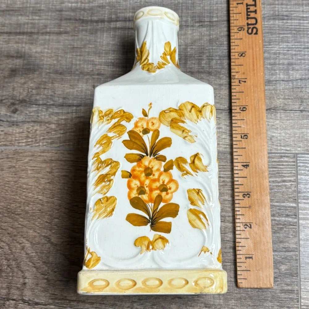Italian Ceramic Bottle Vase Embossed Floral Design Vintage Hand-Painted Decanter